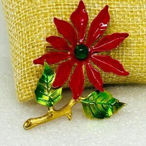 Vintage Poinsettia Brooch With Red Enamel Petals Green Center & Gold Tone Stem